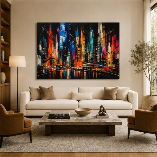 Electric Metropolis Abstract Cityscape Canvas Wall Art