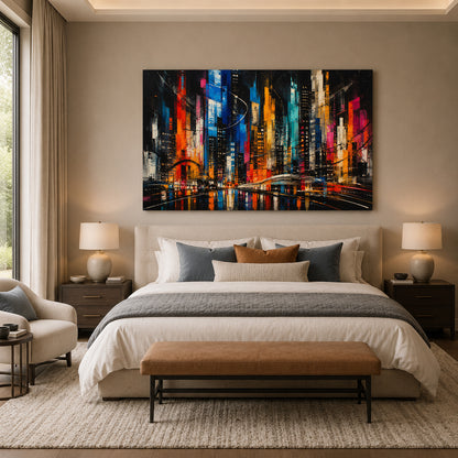 Electric Metropolis Abstract Cityscape Canvas Wall Art