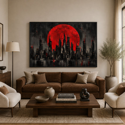 Crimson Moon Abstract City Skyline Canvas Wall Art