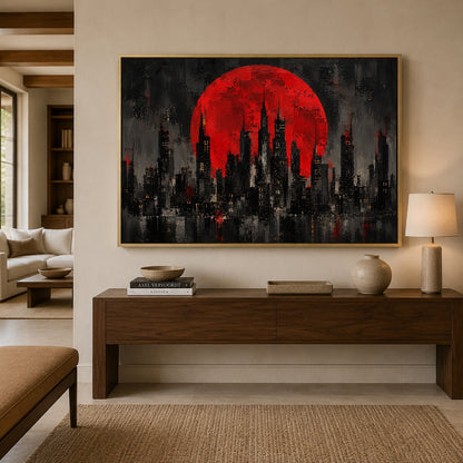 Crimson Moon Abstract City Skyline Canvas Wall Art