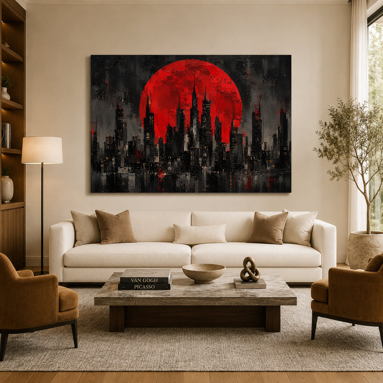 Crimson Moon Abstract City Skyline Canvas Wall Art