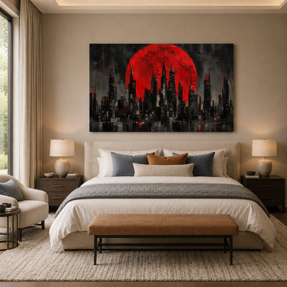 Crimson Moon Abstract City Skyline Canvas Wall Art