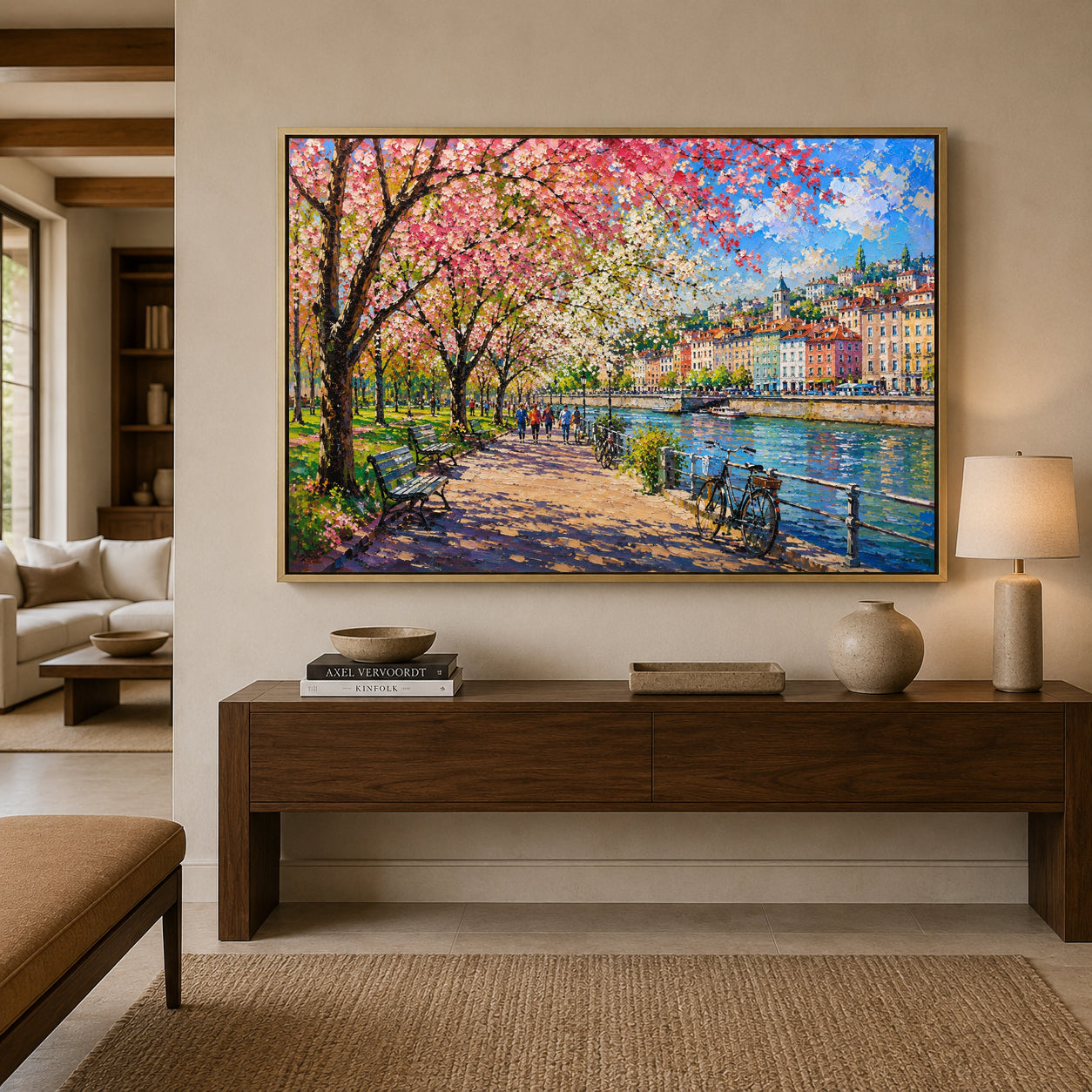 Spring Riverside Promenade European Cityscape Canvas Wall Art