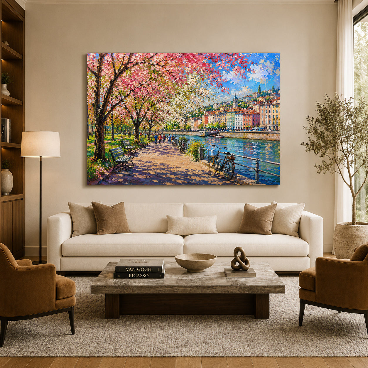 Spring Riverside Promenade European Cityscape Canvas Wall Art