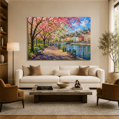 Spring Riverside Promenade European Cityscape Canvas Wall Art