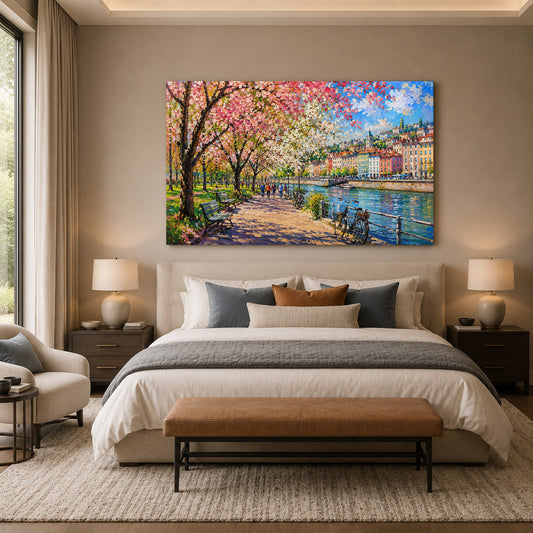 Spring Riverside Promenade European Cityscape Canvas Wall Art