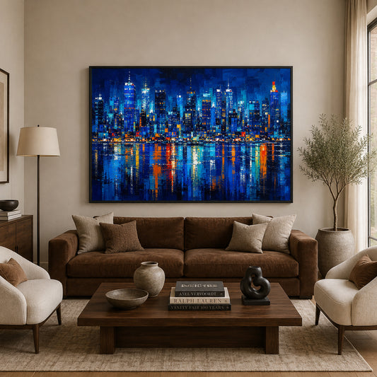 Midnight Metropolis Blue Abstract Skyline Canvas Wall Art