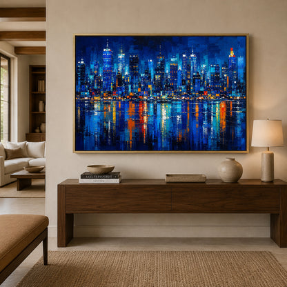 Midnight Metropolis Blue Abstract Skyline Canvas Wall Art