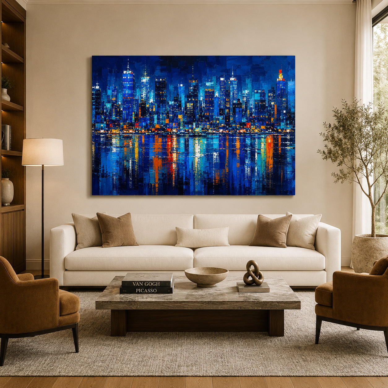 Midnight Metropolis Blue Abstract Skyline Canvas Wall Art