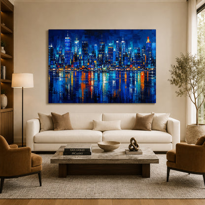 Midnight Metropolis Blue Abstract Skyline Canvas Wall Art