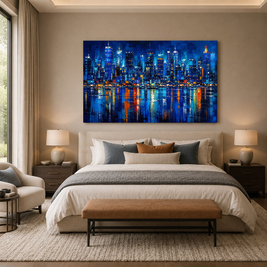 Midnight Metropolis Blue Abstract Skyline Canvas Wall Art