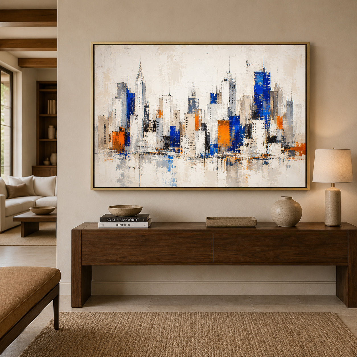 Modern Manhattan Skyline Canvas Art in Blue and Orange
