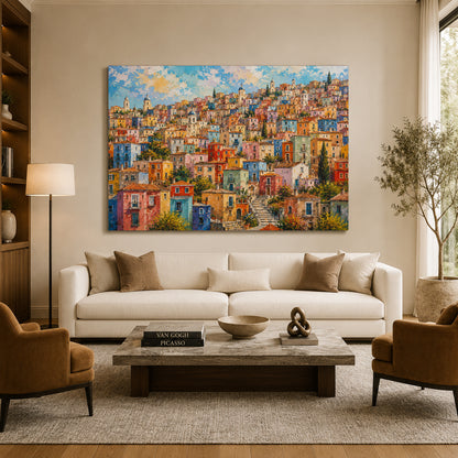 Colorful Mediterranean Hillside Village Canvas Wall Art
