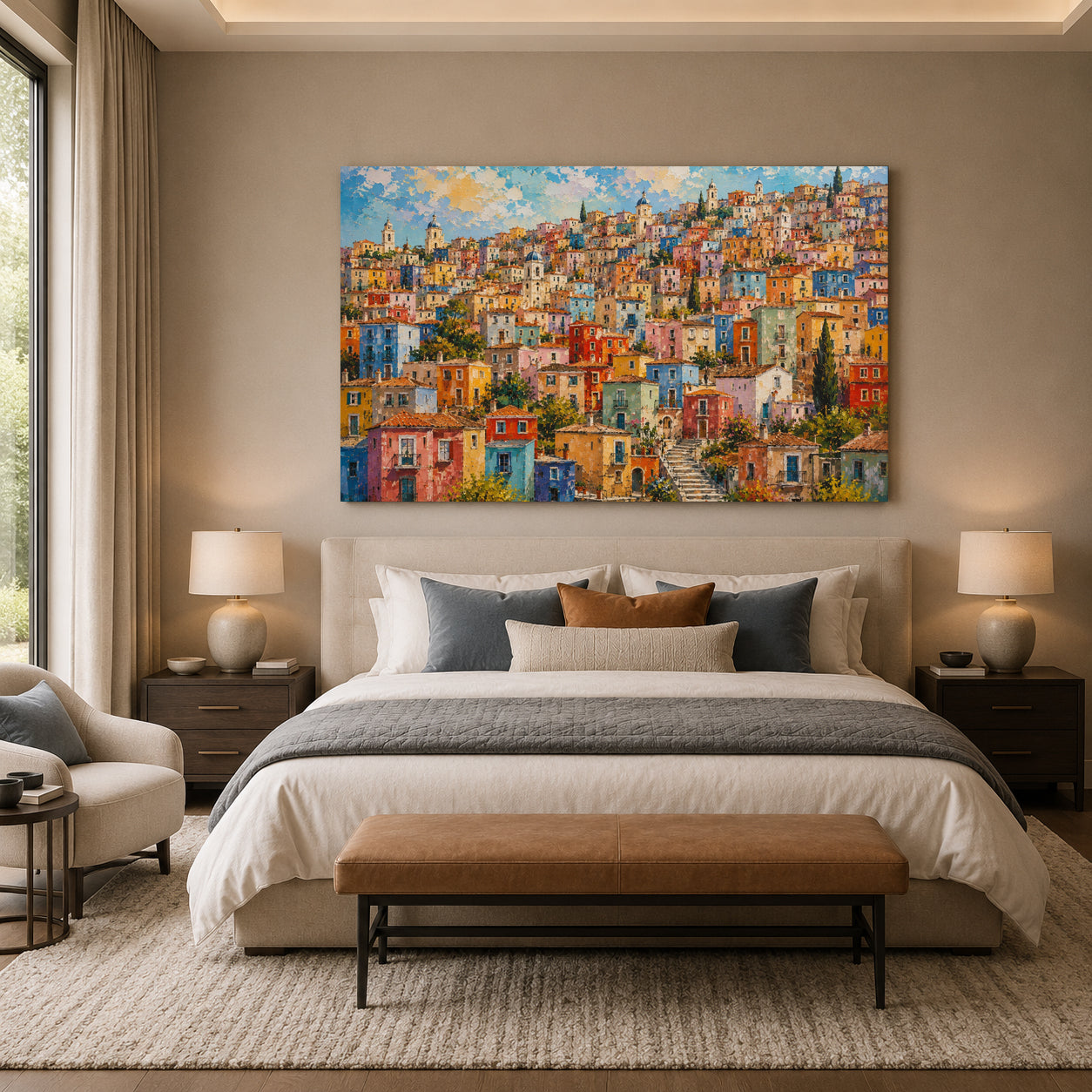 Colorful Mediterranean Hillside Village Canvas Wall Art