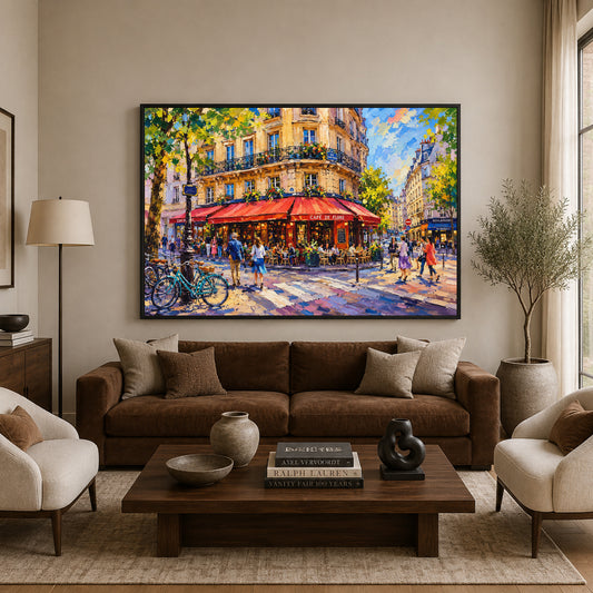 Paris Cafe Street Canvas Art with Colorful French City Scene
