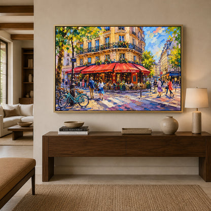 Paris Cafe Street Canvas Art with Colorful French City Scene
