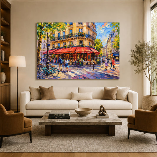 Paris Cafe Street Canvas Art with Colorful French City Scene
