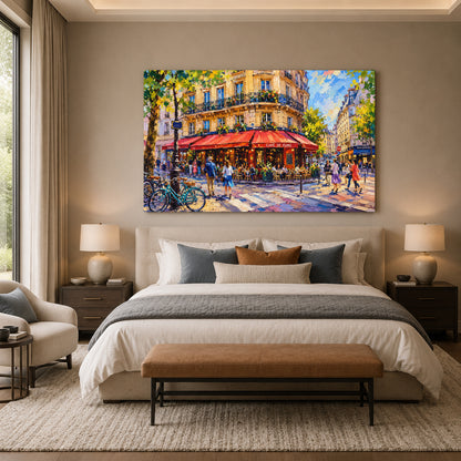Paris Cafe Street Canvas Art with Colorful French City Scene