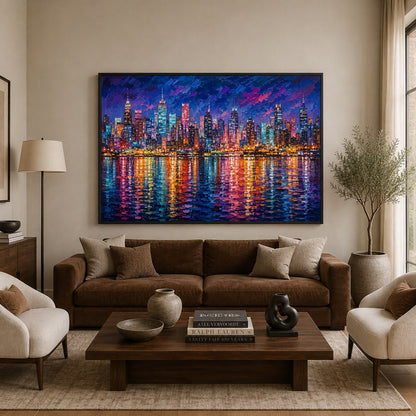 Vibrant City Skyline at Night Contemporary Cityscape Canvas Art