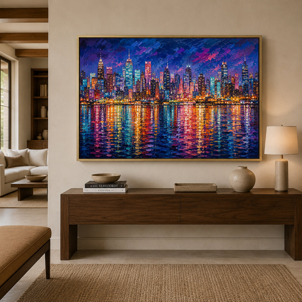 Vibrant City Skyline at Night Contemporary Cityscape Canvas Art