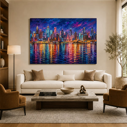 Vibrant City Skyline at Night Contemporary Cityscape Canvas Art