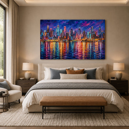 Vibrant City Skyline at Night Contemporary Cityscape Canvas Art