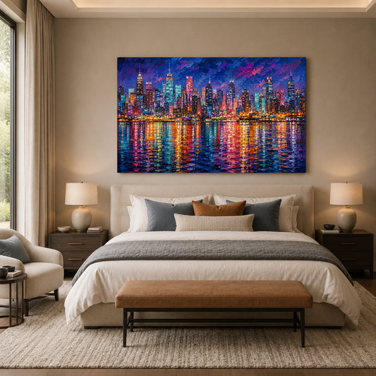 Vibrant City Skyline at Night Contemporary Cityscape Canvas Art