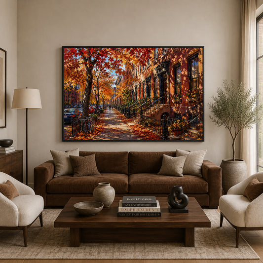 Autumn Brownstone Street Cityscape Canvas Wall Art