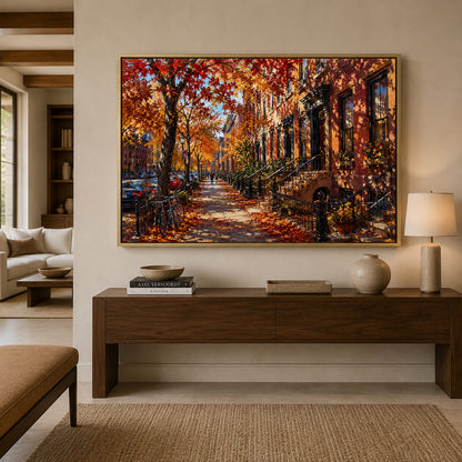 Autumn Brownstone Street Cityscape Canvas Wall Art