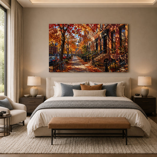 Autumn Brownstone Street Cityscape Canvas Wall Art