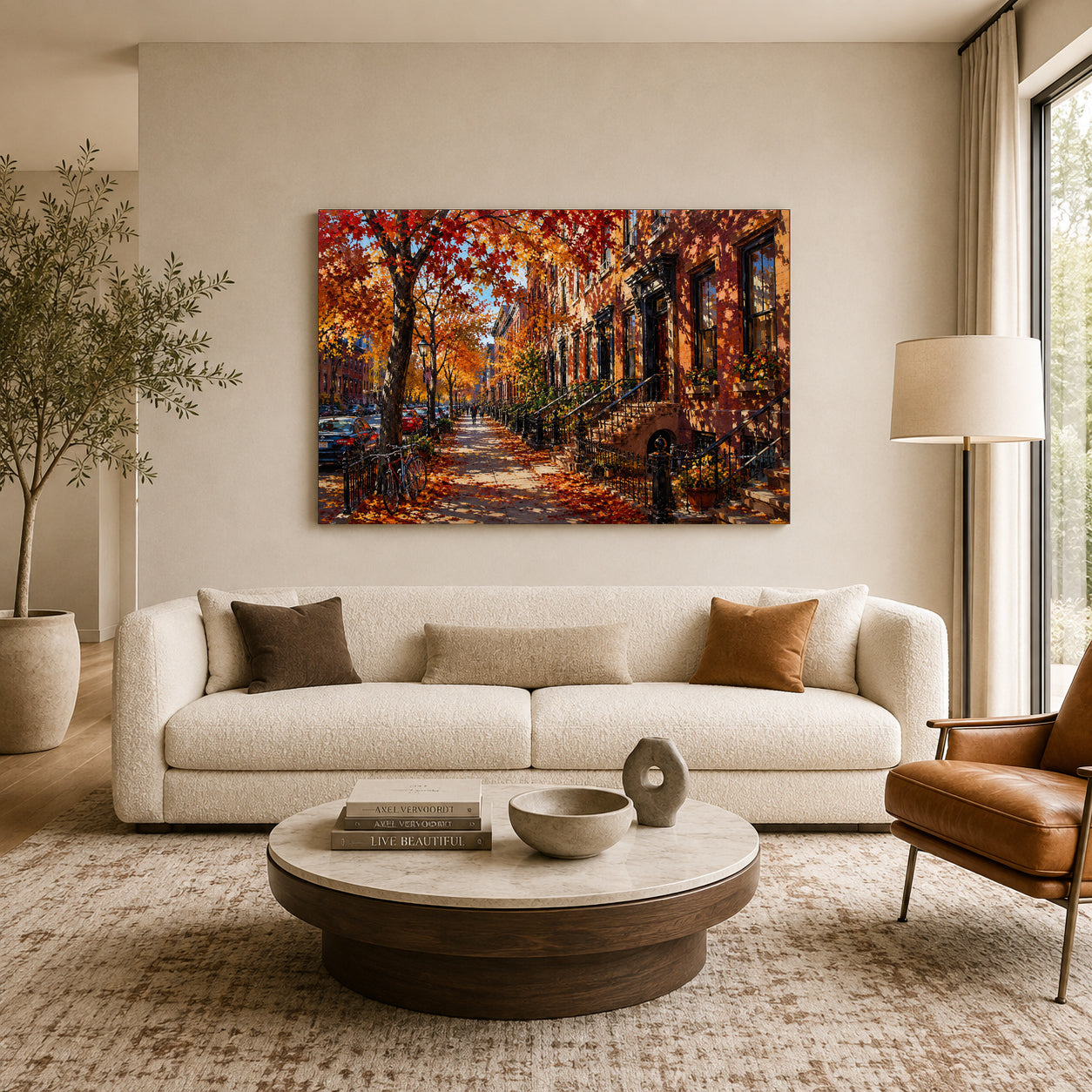 Autumn Brownstone Street Cityscape Canvas Wall Art