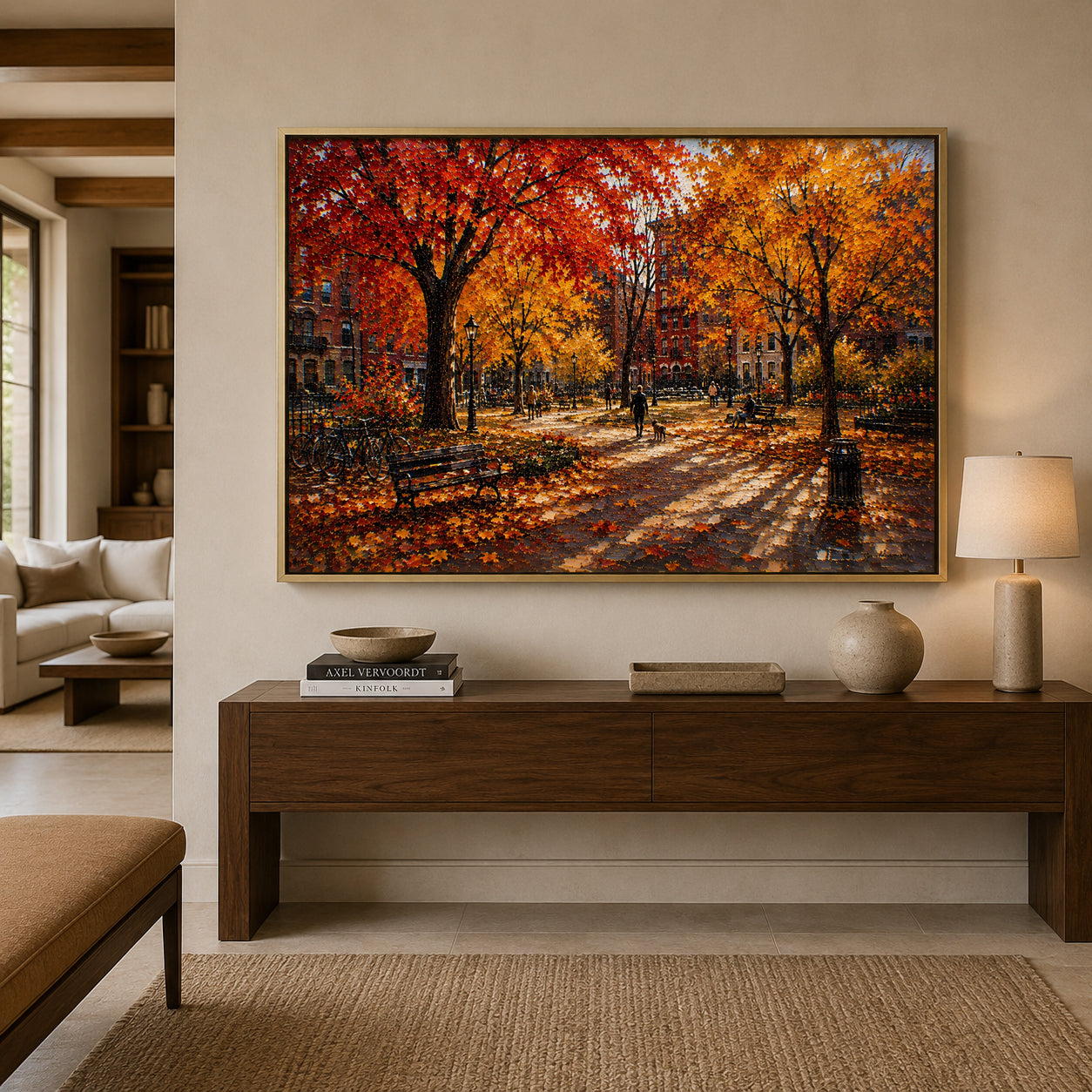 Golden Autumn City Park Landscape Canvas Wall Art