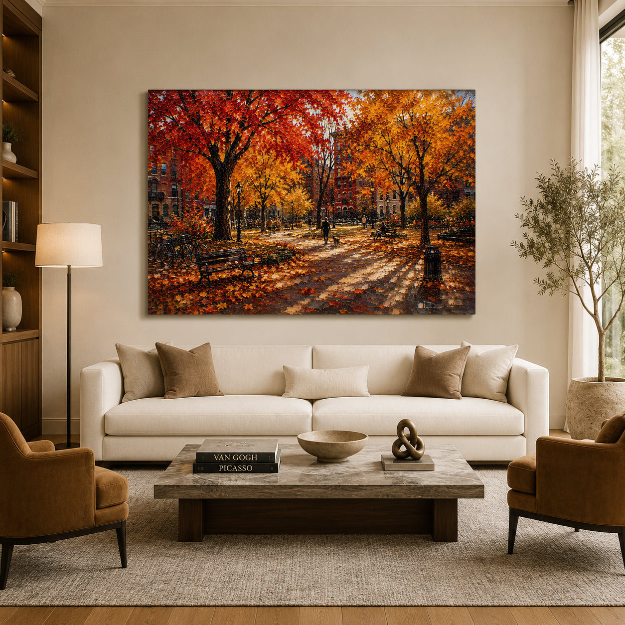Golden Autumn City Park Landscape Canvas Wall Art
