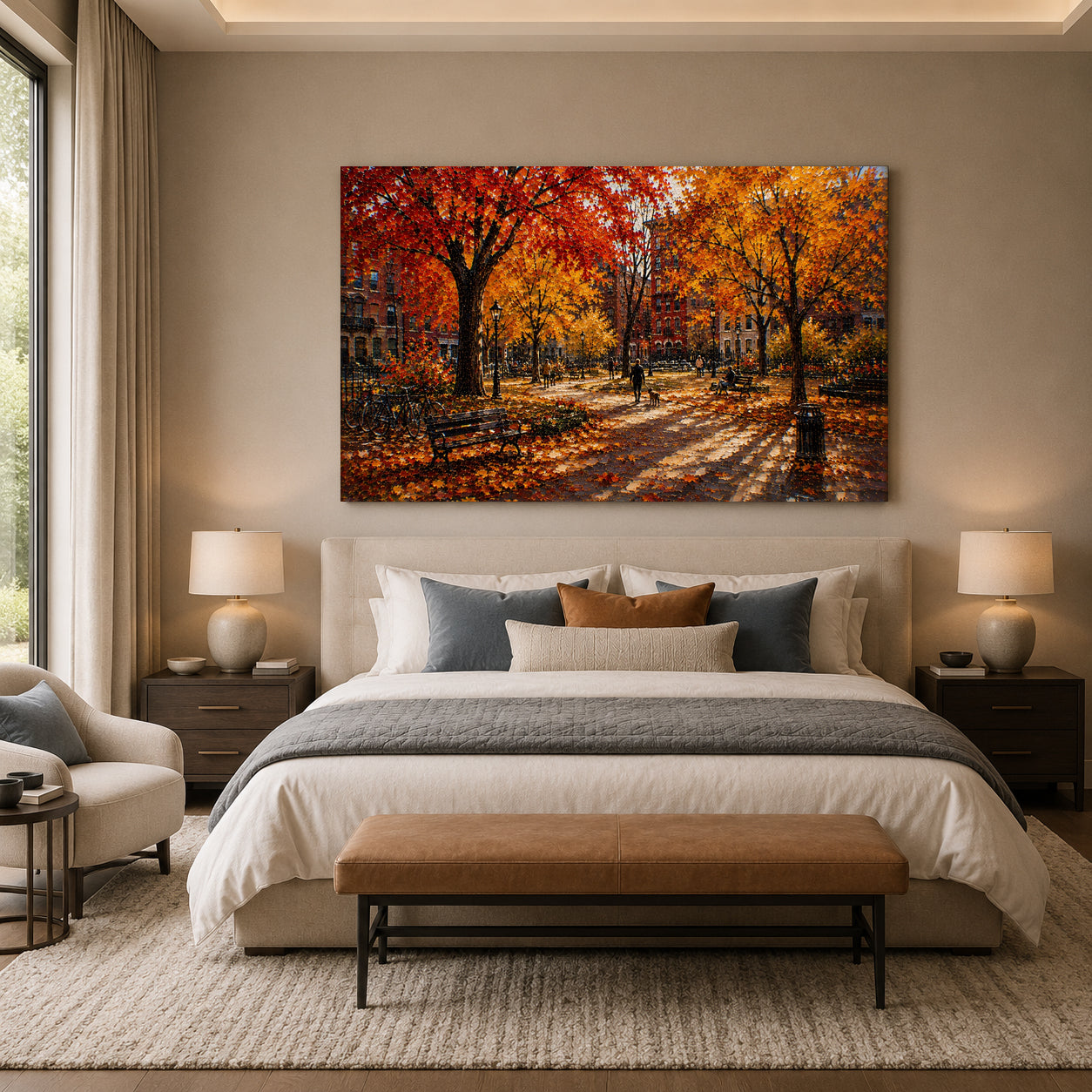 Golden Autumn City Park Landscape Canvas Wall Art