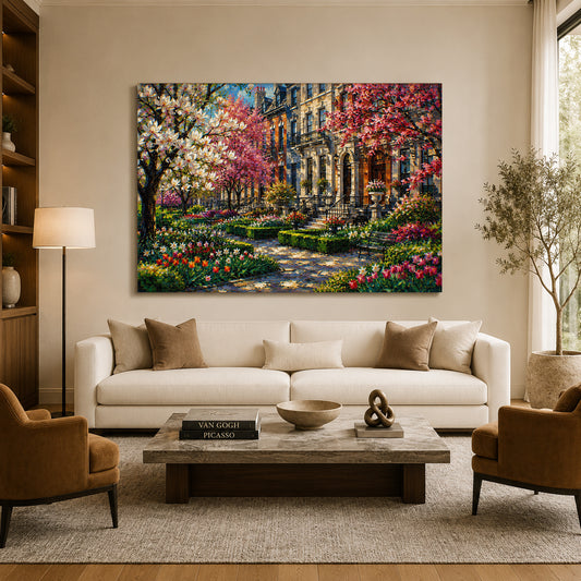 Spring Garden Townhouse Landscape Canvas Wall Art