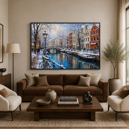 Snowy Amsterdam Canal Winter Cityscape Canvas Wall Art