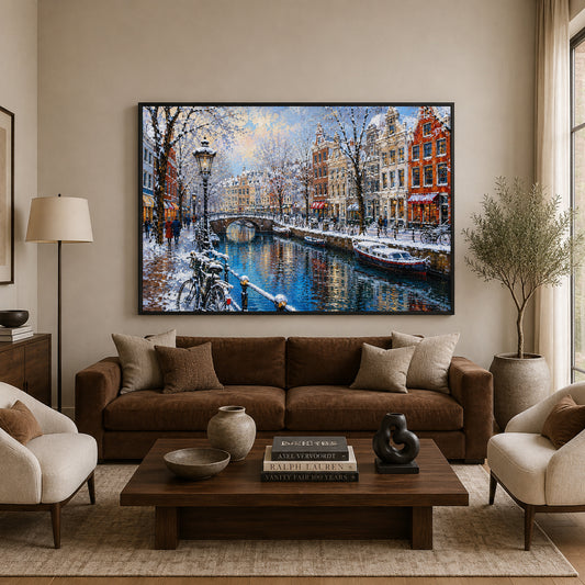 Snowy Amsterdam Canal Winter Cityscape Canvas Wall Art