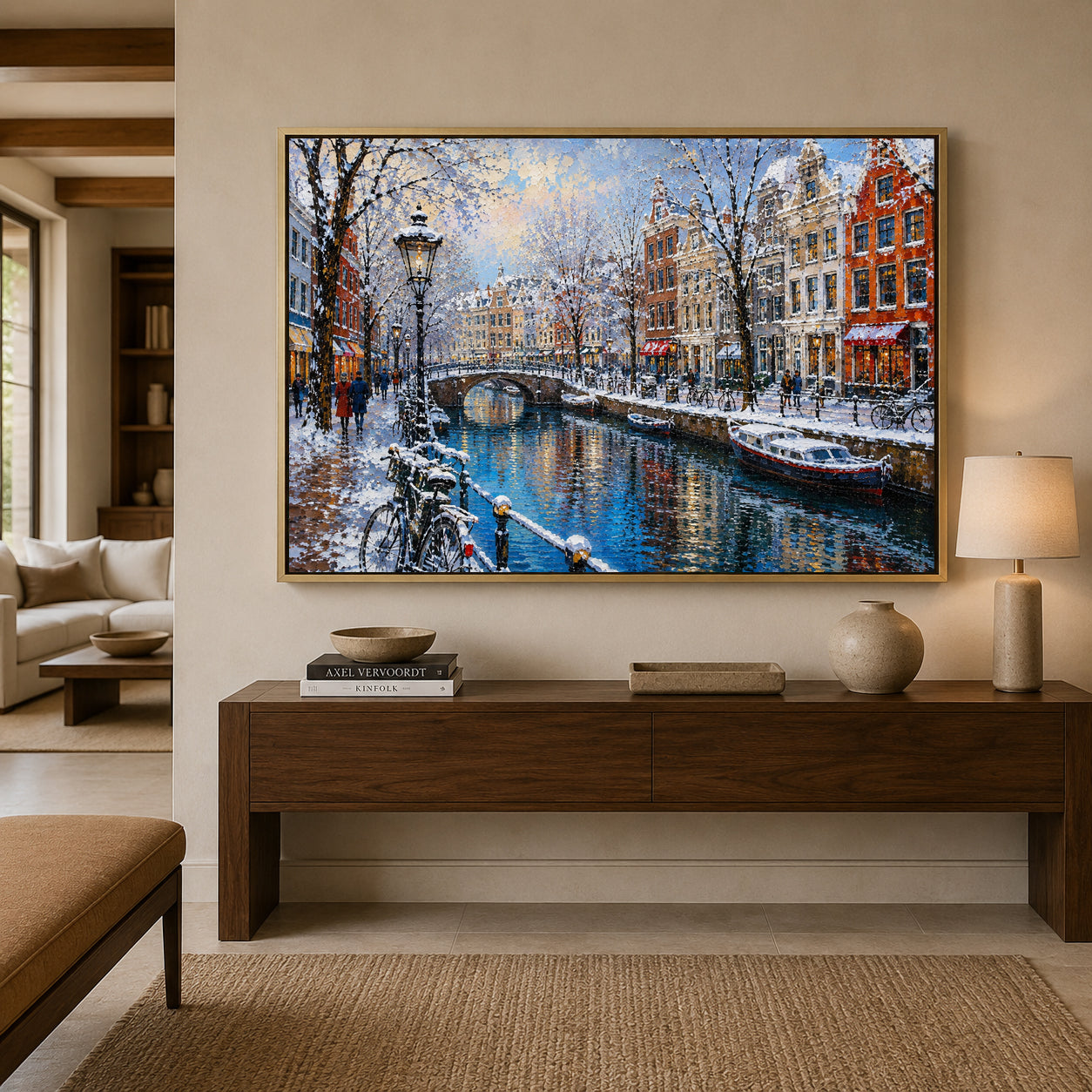 Snowy Amsterdam Canal Winter Cityscape Canvas Wall Art
