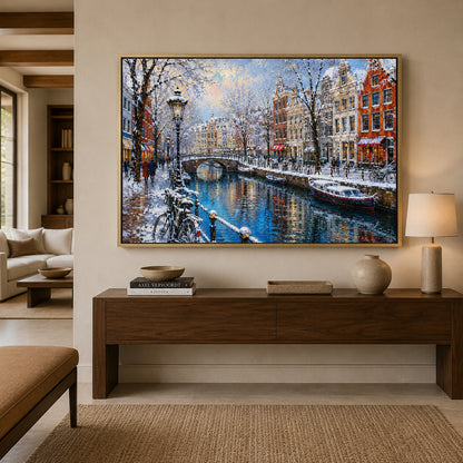 Snowy Amsterdam Canal Winter Cityscape Canvas Wall Art