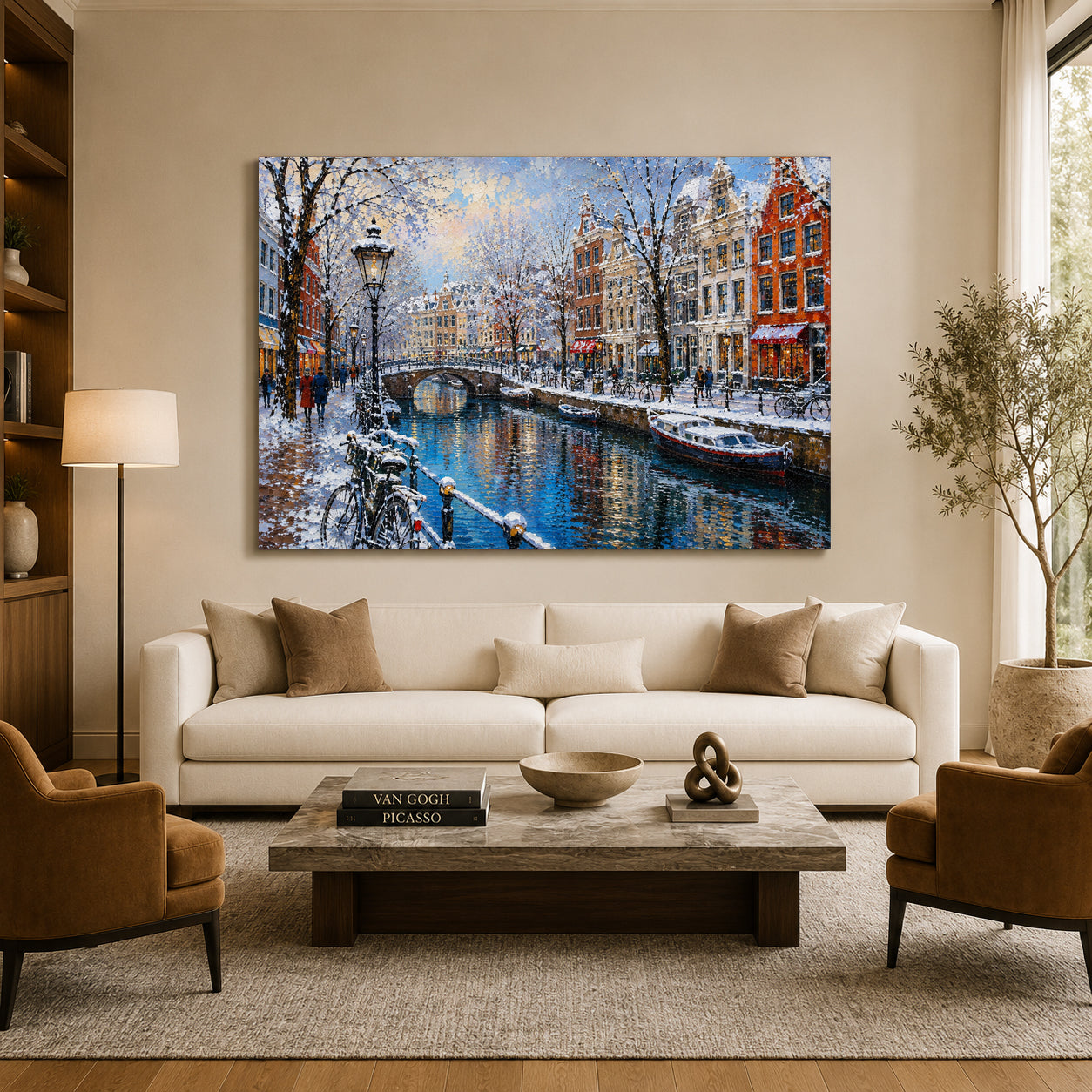 Snowy Amsterdam Canal Winter Cityscape Canvas Wall Art