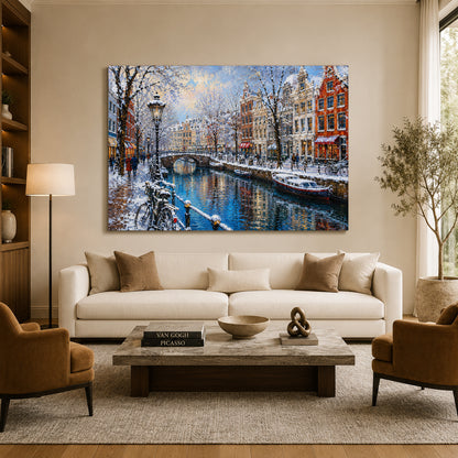 Snowy Amsterdam Canal Winter Cityscape Canvas Wall Art