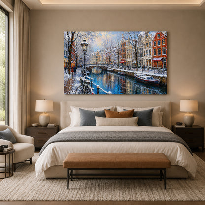 Snowy Amsterdam Canal Winter Cityscape Canvas Wall Art