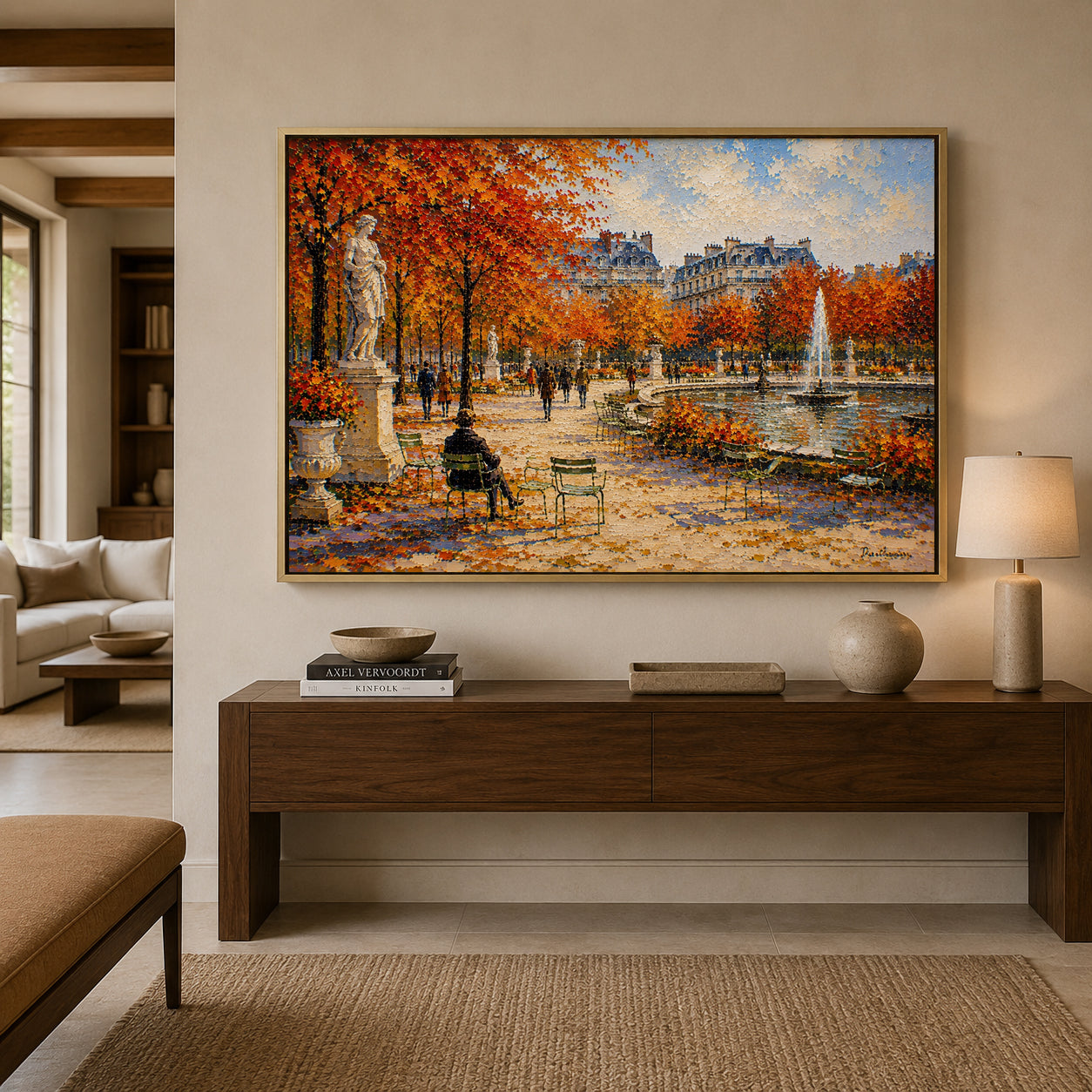 Paris Autumn Garden Fountain Landscape Canvas Wall Art