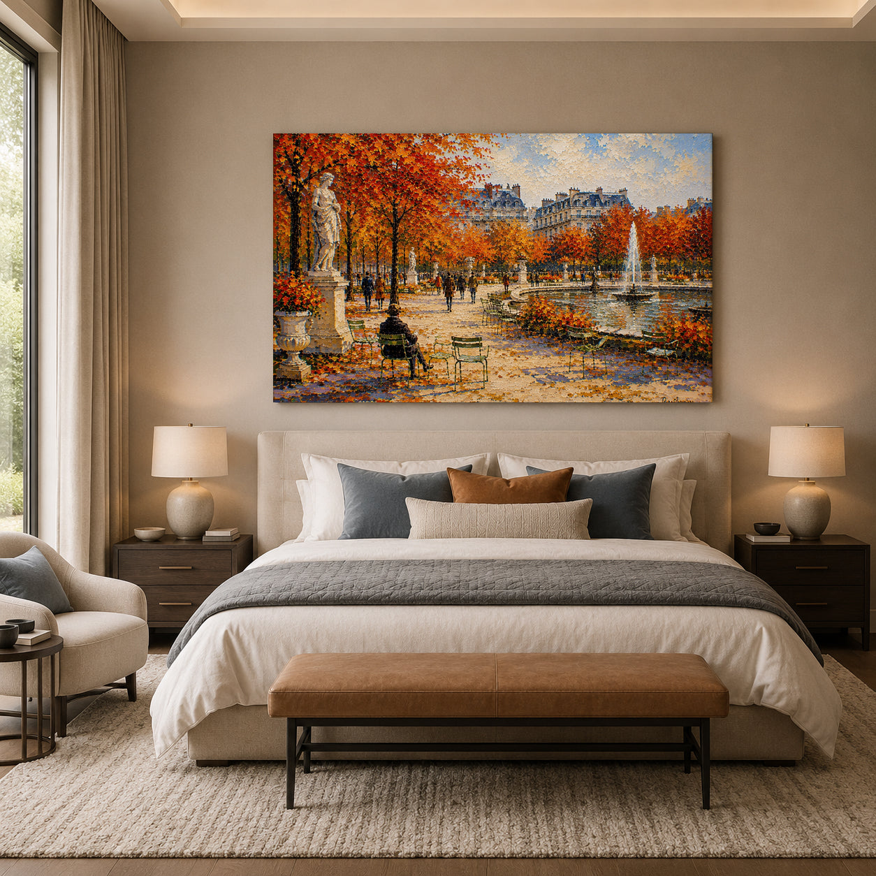 Paris Autumn Garden Fountain Landscape Canvas Wall Art