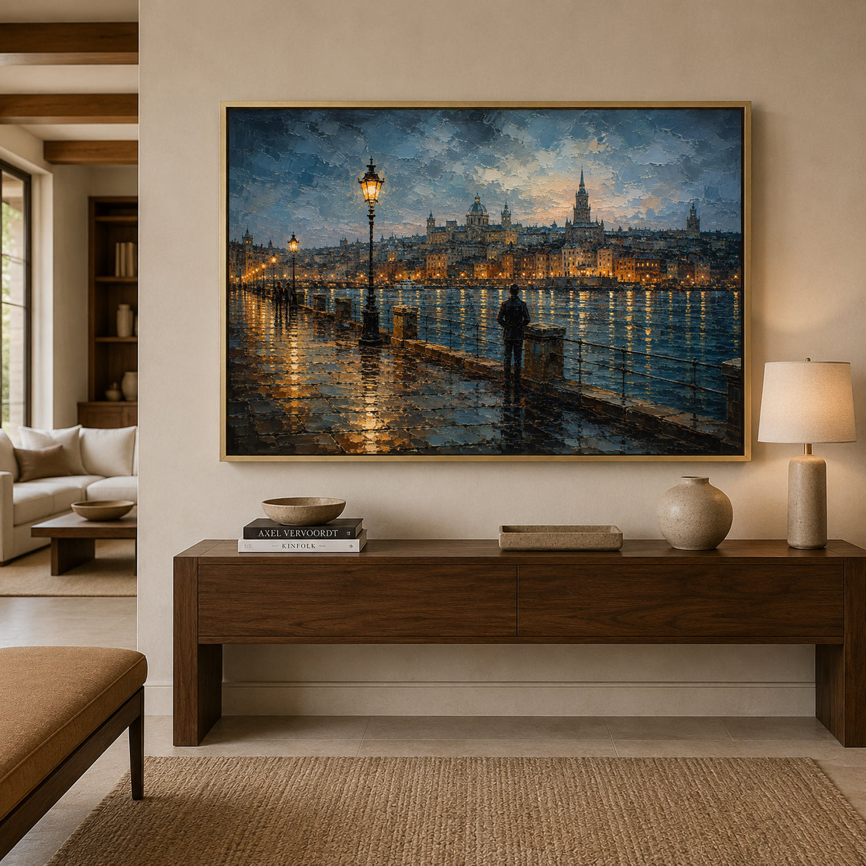 European Riverside City at Dusk Canvas Wall Art