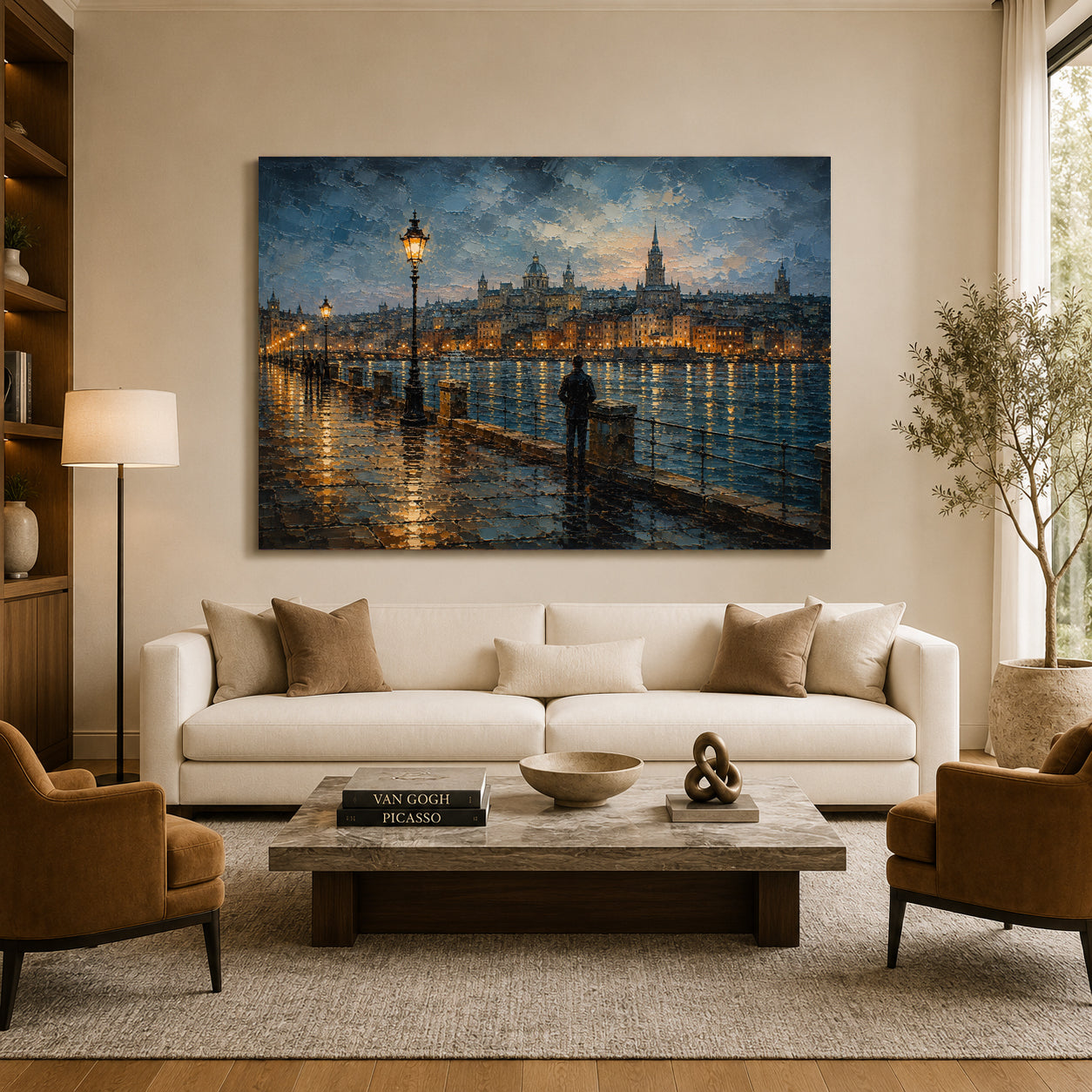 European Riverside City at Dusk Canvas Wall Art