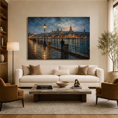 European Riverside City at Dusk Canvas Wall Art