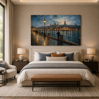 European Riverside City at Dusk Canvas Wall Art
