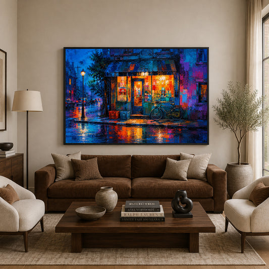 Rainy Night Corner Shop Urban Street Canvas Wall Art