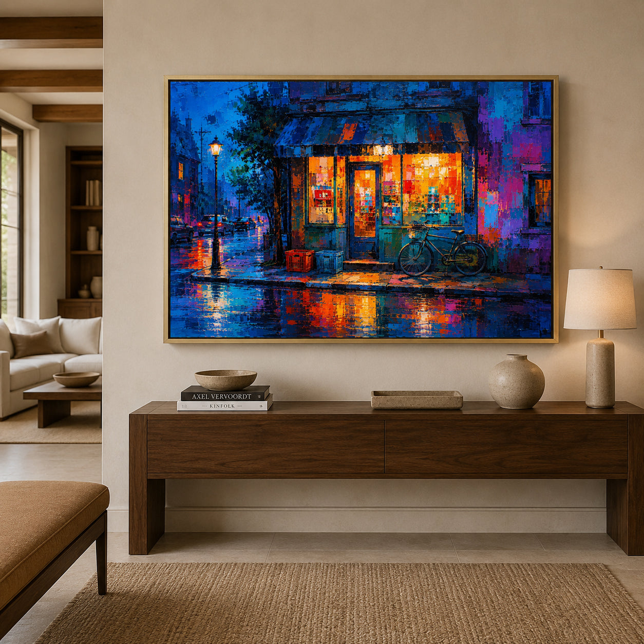 Rainy Night Corner Shop Urban Street Canvas Wall Art